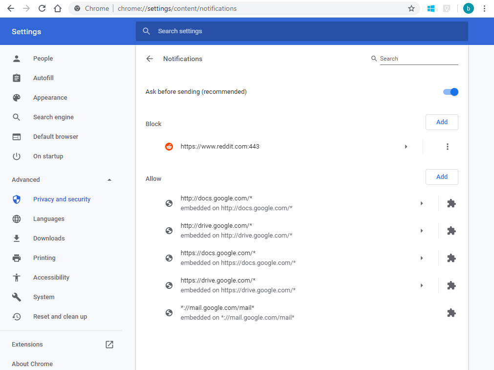 Google Chrome - Notifications settings