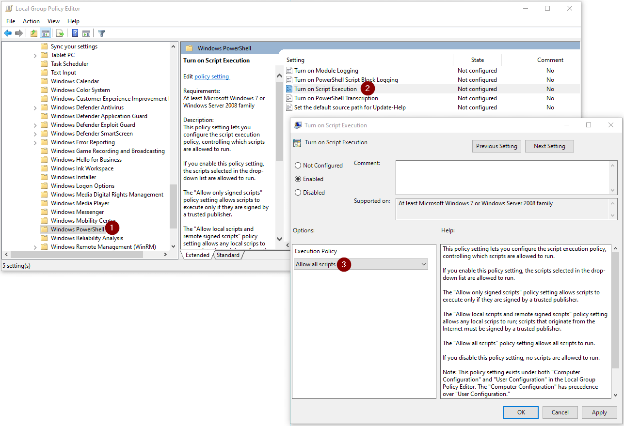 MS Windows - Security Policy - Turn on Script Execution