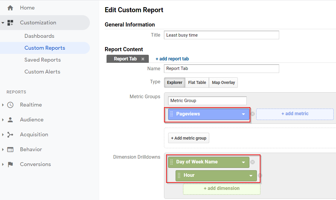 Google Analytics - Create custom report - Least traffic day and time