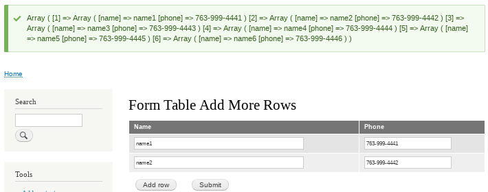 Screenshot after submit of table form with add row button
