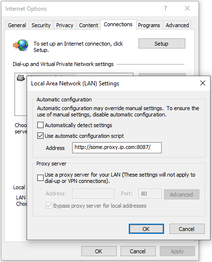 IE - Proxy settings