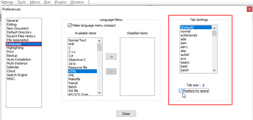 Notepad++ - Tab settings