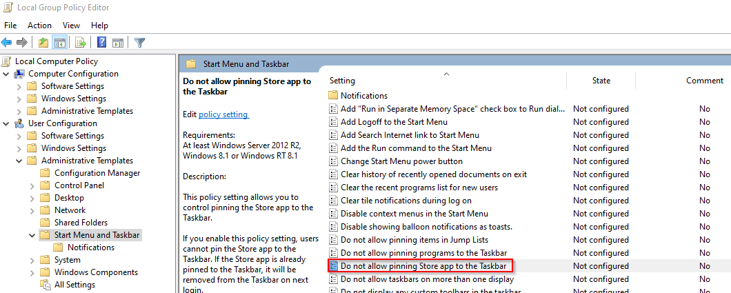 Do Not Allow Pinning Store App to the Taskbar - Policy path