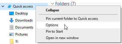 File Explorer - Quick access - Options
