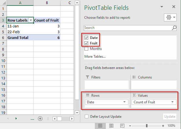 MS Excel - Insert - PivotTable - Count of Fruit