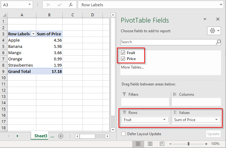 MS Excel - Insert - PivotTable - Sum of Price