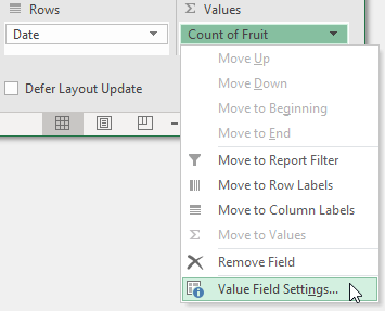 MS Excel - Insert - PivotTable - Value Field Settings