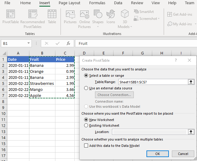 MS Excel - Insert - PivotTable