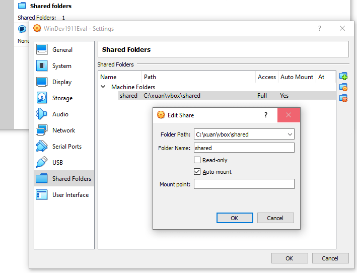 VirtualBox - Shared folder settings for MS Windows VM