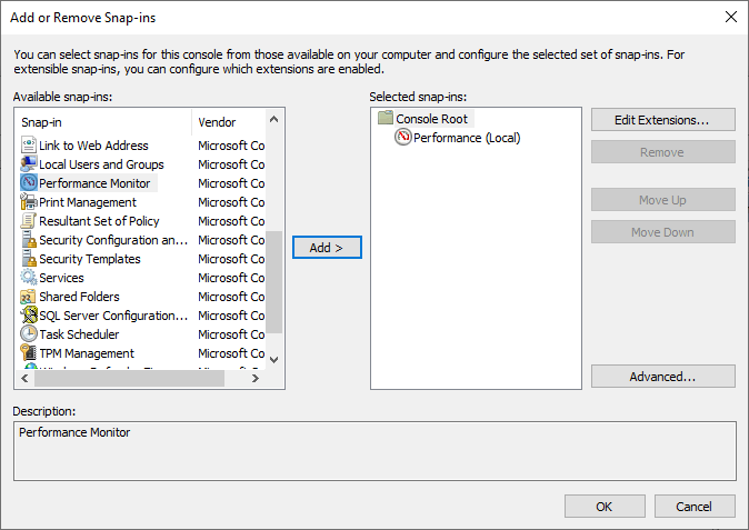 MS Management Console - Add/Remove Snap-in - Performance Monitor