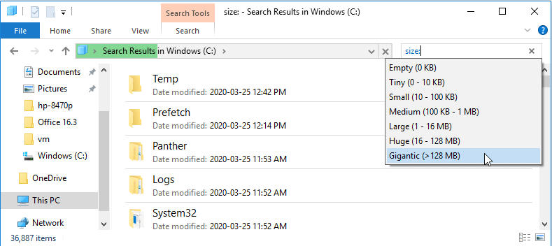 MS Windows - File Explorer - Search by size