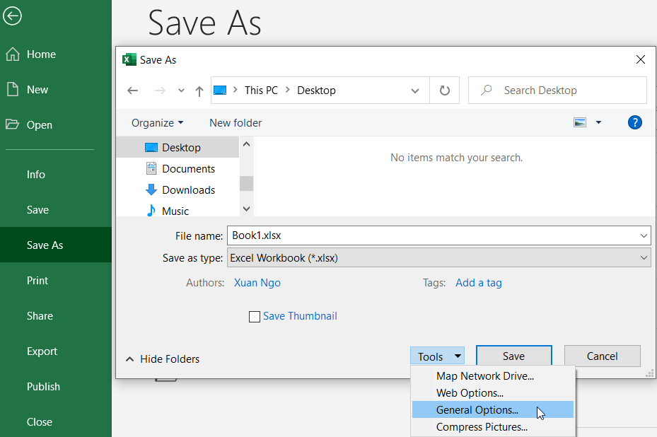 MS Excel - File - Save As - Tools - General options