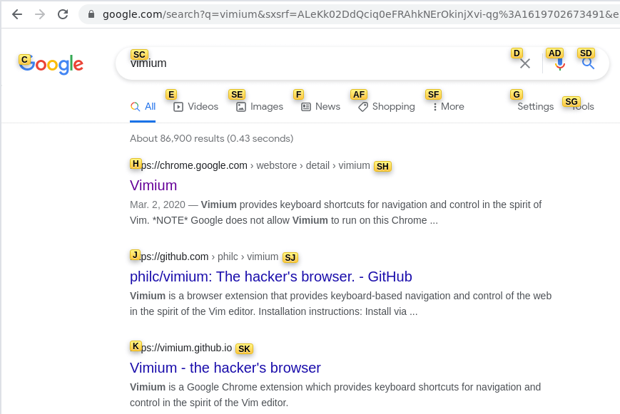 Vimium - Shortcut keys example