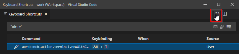 VSCode - Open Keyboard Shortcuts (JSON) button