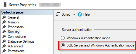 SQL Server - SQL Server - Properties > Security > SQL Server and Windows Authentication mode